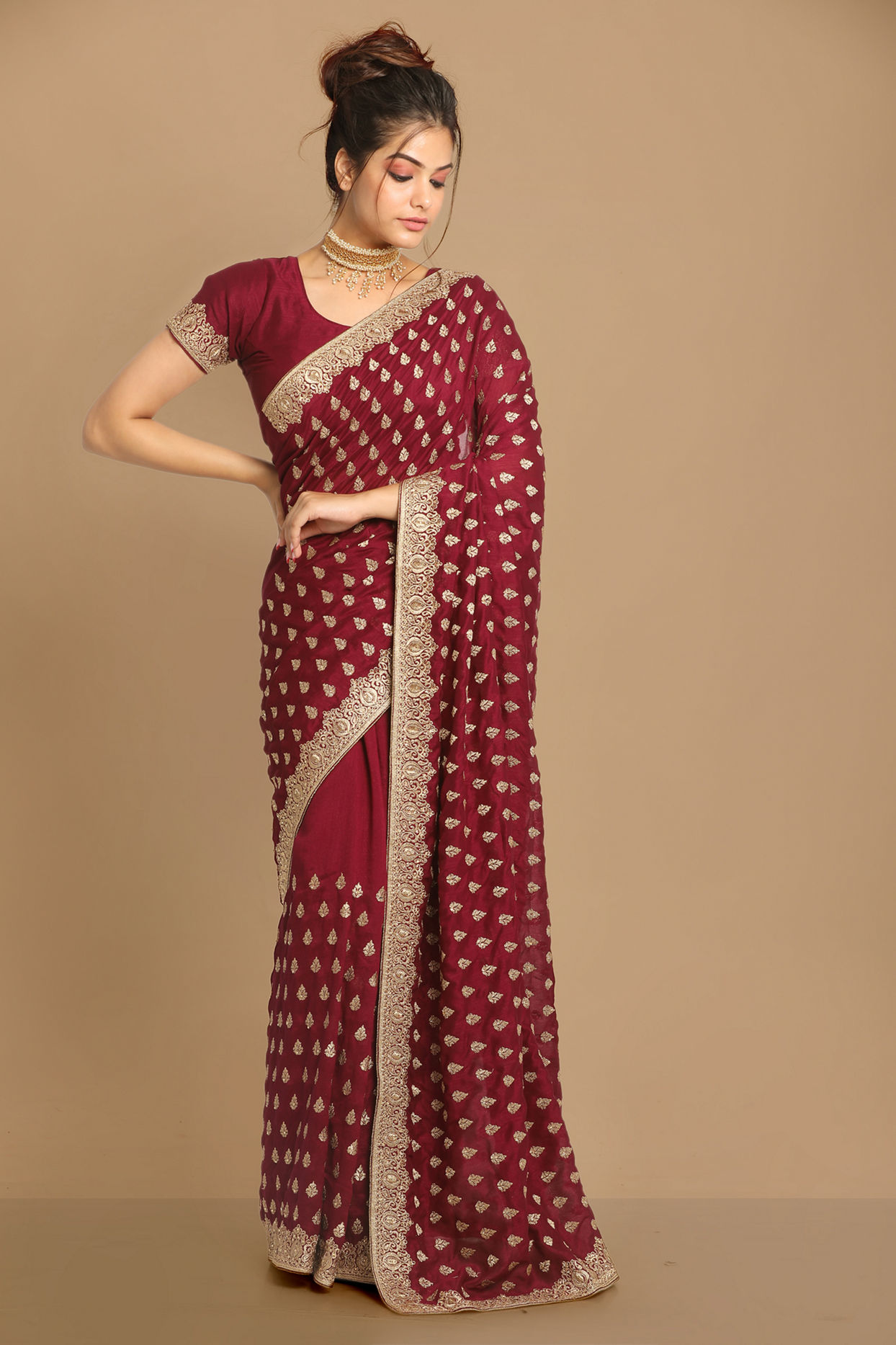 Royal Wine Embroidered Saree image number 0